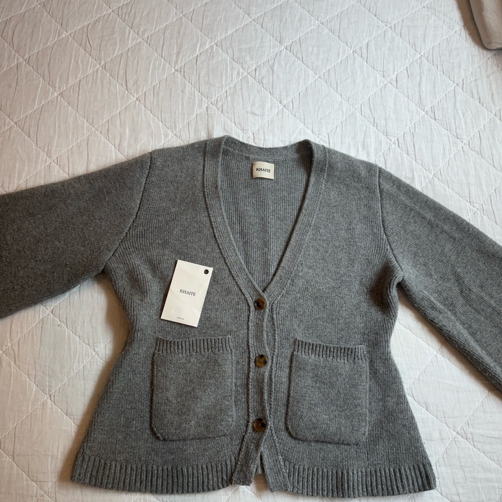 KHAITE Gray Cashmere Scarlet Cardigan Sweater V-Neck Knit